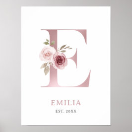 Bokstav E Monogram Vattenfärg Rosa Blommor Barnkam Poster