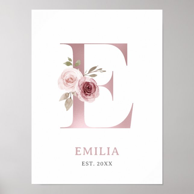 Bokstav E Monogram Vattenfärg Rosa Blommor Barnkam Poster (Framsidan)