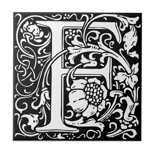 Bokstav F medeltida monogram Art Nouveau Kakelplatta (Framsidan)