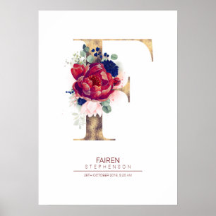 Bokstav F Monogram Blommig Marinblå och Burgunder Poster