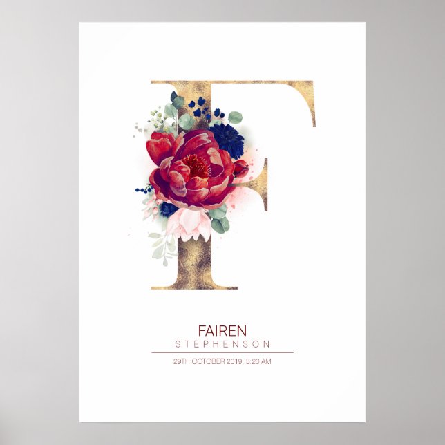 Bokstav F Monogram Blommig Marinblå och Burgunder Poster (Framsidan)