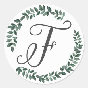 Bokstav F Monogram Minimalistisk Botanisk Bladkran Runt Klistermärke
