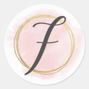 Bokstav F Monogram Rosé Rosa Vattenfärg Guld Chic Runt Klistermärke