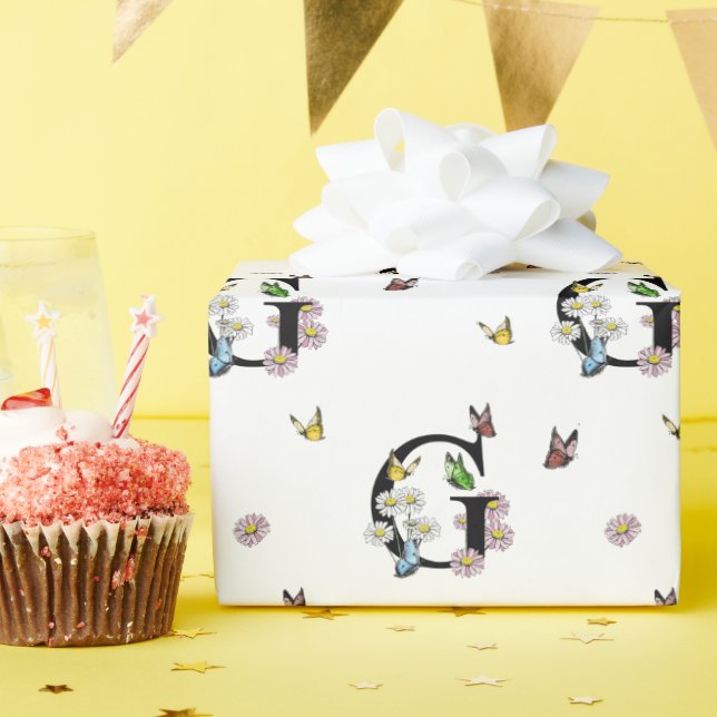 Bokstav G Blommig Vattenfärg Fjäril Monogram   Presentpapper (Födelsedagsfest)