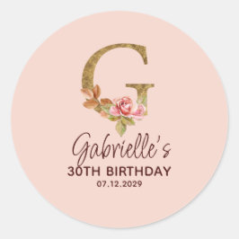 Bokstav G Guldmonogram Rosa Rosor Runt Klistermärke
