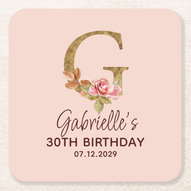Bokstav G Guldmonogram Rosa Rosor Underlägg Papper Kvadrat (Framsidan)