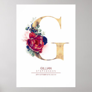 Bokstav G Monogram Blommig Marinblå och Burgunder Poster