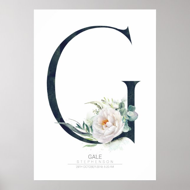 Bokstav G Monogram Vita Blommor och Grönska Poster (Framsidan)
