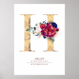 Bokstav H Monogram Blommig Marinblå och Burgunder Poster