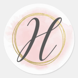 Bokstav H Monogram Roséblommig Rosa Vattenfärg Gul Runt Klistermärke