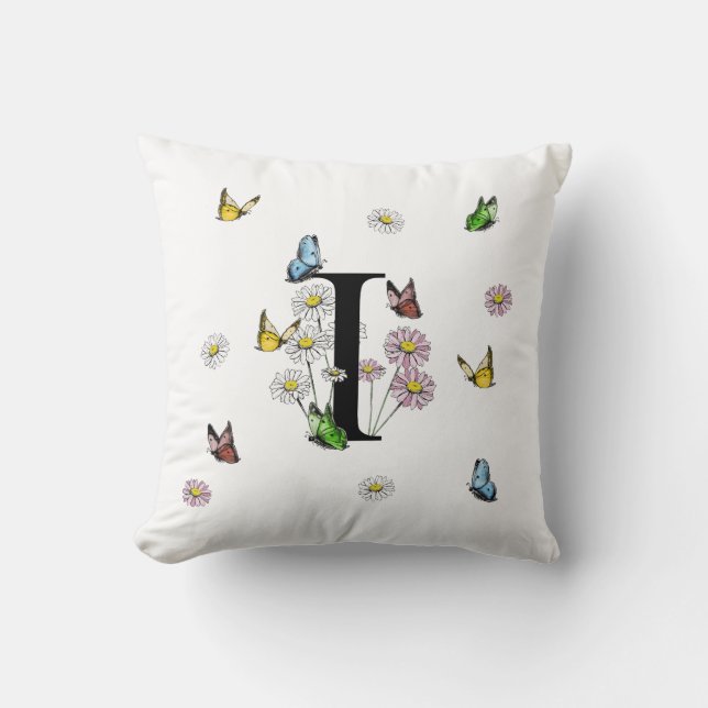 Bokstav I Blommig Fjäril Monogram Initial Kudde (Framsida)