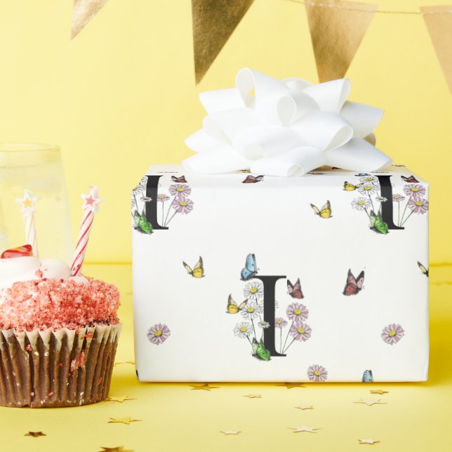 Bokstav I Blommig Vattenfärg Fjäril Monogram   Presentpapper (Födelsedagsfest)