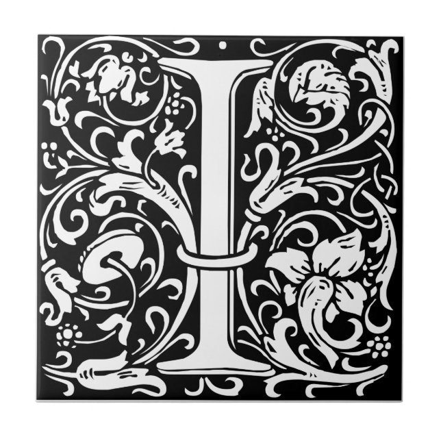 Bokstav I medeltida monogram Art Nouveau Kakelplatta (Framsidan)
