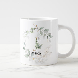 Bokstav 'J' Initial Monogram Grönskande Krans med Jumbo Mugg