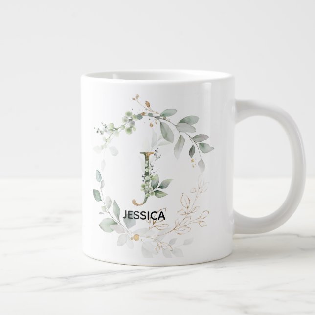 Bokstav 'J' Initial Monogram Grönskande Krans med  Jumbo Mugg (Höger)