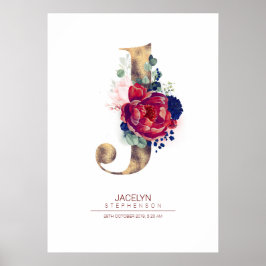 Bokstav J Monogram Blommig Marinblå och Burgunder Poster