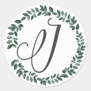 Bokstav J Monogram Minimalistisk Botanisk Bladkran Runt Klistermärke