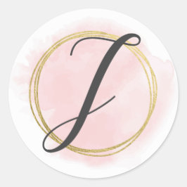 Bokstav J Monogram Rosé Rosa Vattenfärg Guld Chic Runt Klistermärke