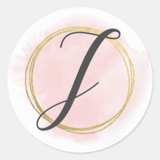 Bokstav J Monogram Rosé Rosa Vattenfärg Guld Chic Runt Klistermärke