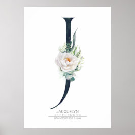 Bokstav J Monogram Vita Blommor och Grönska Poster