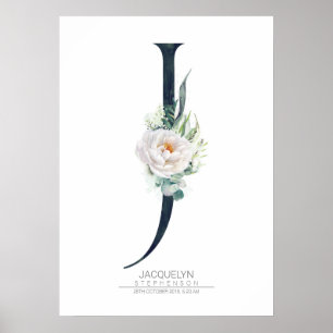 Bokstav J Monogram Vita Blommor och Grönska Poster