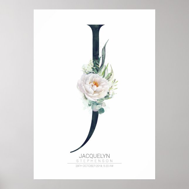 Bokstav J Monogram Vita Blommor och Grönska Poster (Framsidan)