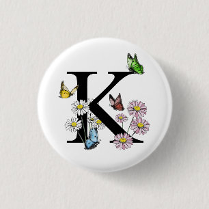 Bokstav K Blommig Akvarell Fjäril Monogram Knapp