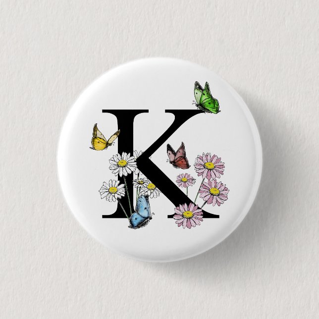 Bokstav K Blommig Akvarell Fjäril Monogram Knapp (Framsida)