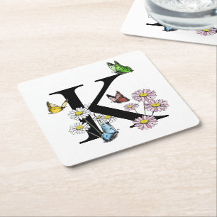 Bokstav K Blommig Akvarell Fjäril Monogram Underlägg Papper Kvadrat