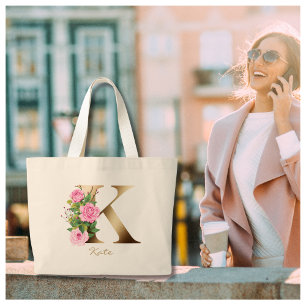 Bokstav K Elegant Blommig Guld Monogram Rosa Rosor Jumbo Tygkasse
