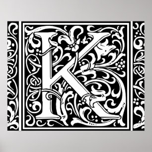 Bokstav K Medeltida Monogram Art Nouveau Poster