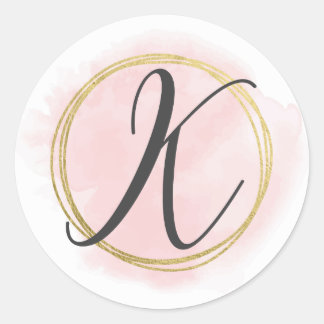 Bokstav K Monogram Rosé Rosa Vattenfärg Guld Chic Runt Klistermärke