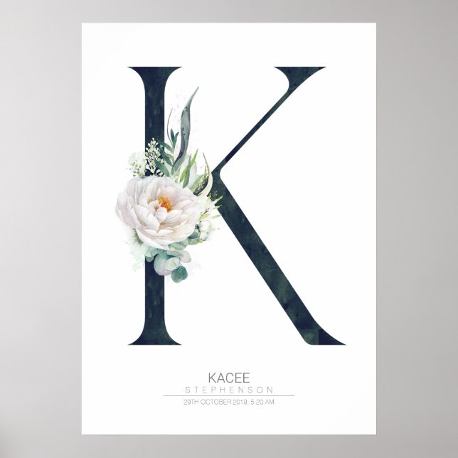 Bokstav K Monogram Vita Blommor och Grönska Poster (Framsidan)