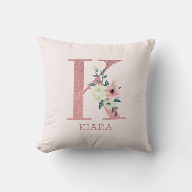 Bokstav K Rosa akvarellblommig monogrammonogram ba Kudde (Framsida)