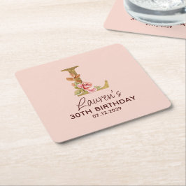 Bokstav L Guldmonogram Rosa Rosor Underlägg Papper Kvadrat