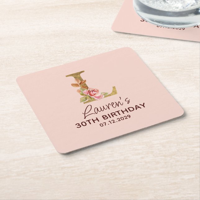 Bokstav L Guldmonogram Rosa Rosor Underlägg Papper Kvadrat (Vinklad)