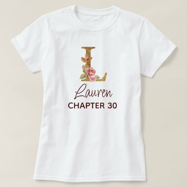 Bokstav L Guldmonogram rosafärgade rosor födelseda T Shirt (Design framsida)