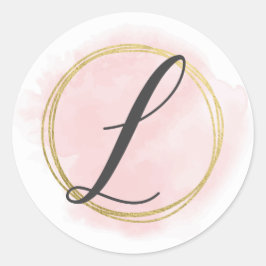 Bokstav L Monogram Rosé Rosa Vattenfärg Guld Chic Runt Klistermärke