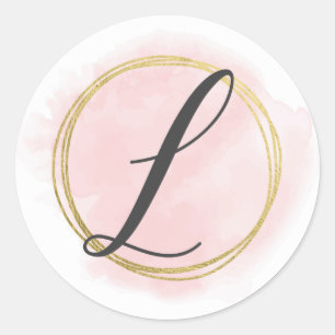 Bokstav L Monogram Rosé Rosa Vattenfärg Guld Chic Runt Klistermärke