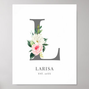 Bokstav L Monogram Vattenfärg Blommor Affisch