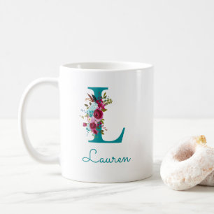 Bokstav L Teal Rosa Blommig Kaffemugg