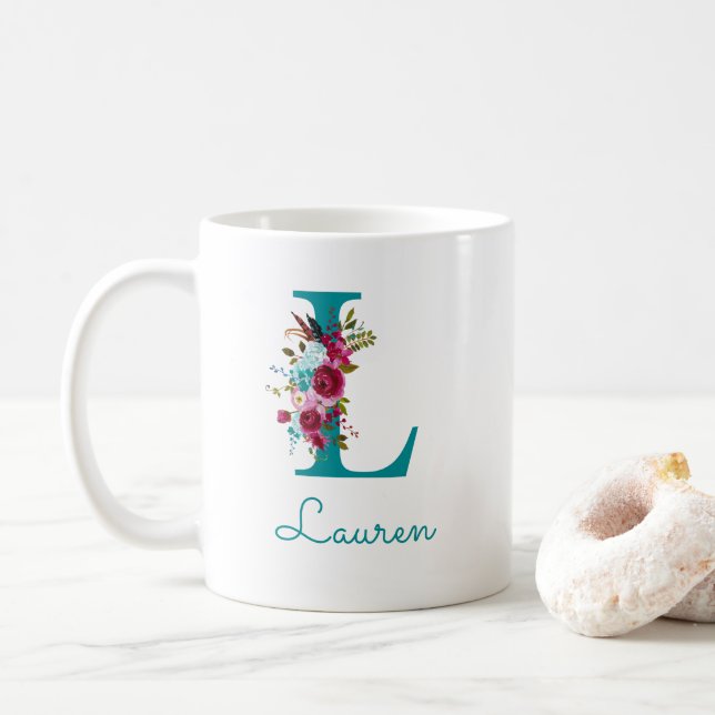 Bokstav L Teal Rosa Blommig Kaffemugg (Med munk)