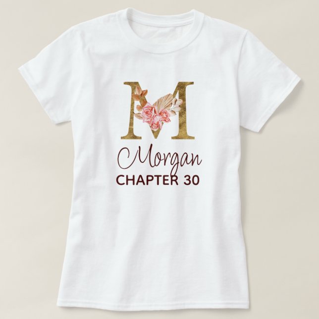 Bokstav M Guldmonogram Rosa Rosor Födelsedag T Shirt (Design framsida)