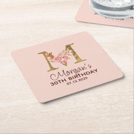 Bokstav M Guldmonogram Rosa Rosor Underlägg Papper Kvadrat