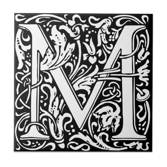 Bokstav M Medeltida Monogram Art Nouveau Kakelplatta (Framsidan)