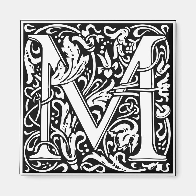 Bokstav M Medeltida Monogram Art Nouveau Magnet (Framsidan)