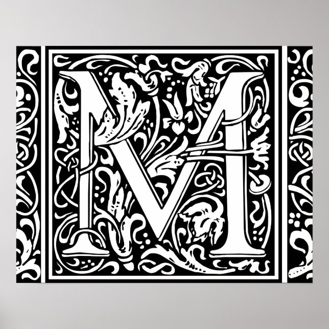 Bokstav M Medeltida Monogram Art Nouveau Poster (Framsidan)