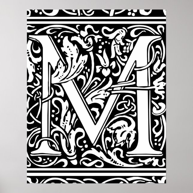 Bokstav M Medeltida Monogram Vintage Initial Poster (Framsidan)