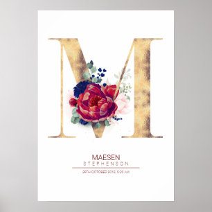 Bokstav M Monogram Blommig Marinblå och Burgunder Poster