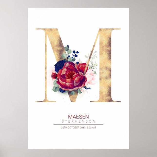 Bokstav M Monogram Blommig Marinblå och Burgunder Poster (Framsidan)